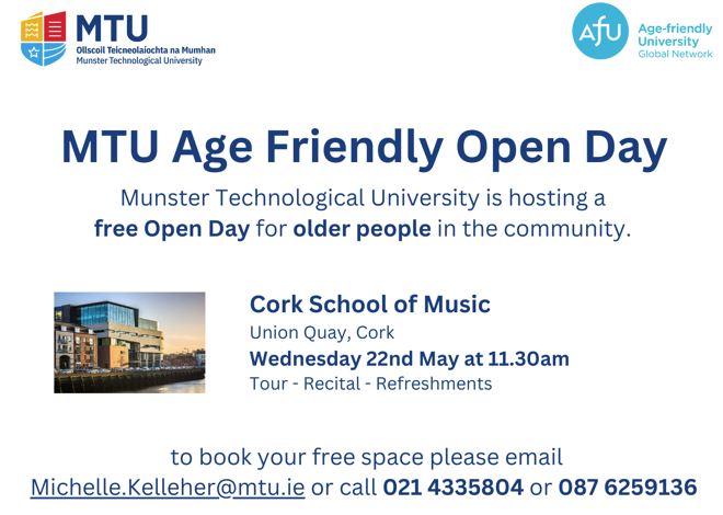 MTU Age Friendly University (@agefriendlymtu) on Twitter photo We are delighted to announce the first event in our <a href="/agefriendlyMTU/">MTU Age Friendly University</a> Open Door Series for this semester! Join us this Wednesday at 11.30am in <a href="/mtu_csm/">MTU Cork School of Music</a> for a tour, recital and some refreshments. Reserve your place by emailing michelle.kelleher@mtu.ie or call 021-4335804 #AFU We are delighted to announce the first event in our <a href="/agefriendlyMTU/">MTU Age Friendly University</a> Open Door Series for this semester! Join us this Wednesday at 11.30am in <a href="/mtu_csm/">MTU Cork School of Music</a> for a tour, recital and some refreshments. Reserve your place by emailing michelle.kelleher@mtu.ie or call 021-4335804 #AFU