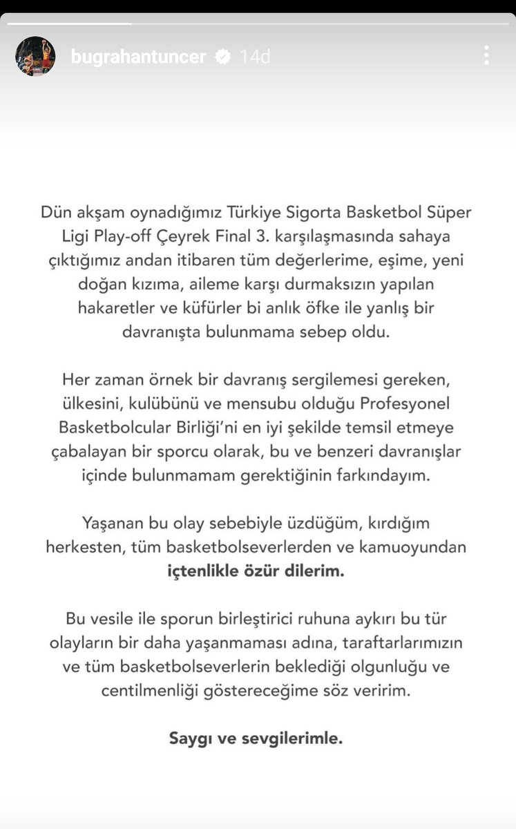 Galatasaray Ekmas oyuncusu Buğrahan Tuncer, dün Pınar Karşıyaka maçında yaşanan olaylarla ilgili olarak, instagram hesabında bir açıklama paylaştı.
