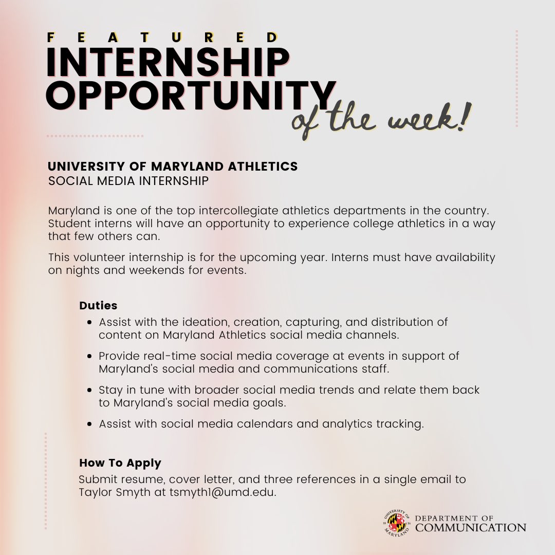 Internship opportunity of the week! 💼💪

See this and other opportunities on the COMMLIST listserv and its archives found on the COMM Advising ELMS page.

Disclaimer:  Posting an opportunity does not constitute an employer endorsement by the University of Maryland Dept of Comm.