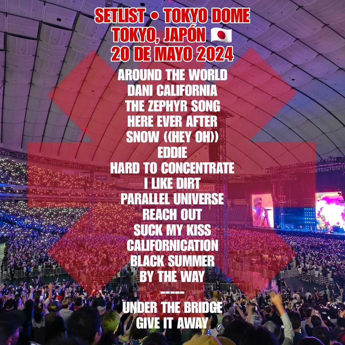 Finalizó el concierto de Red Hot Chili Peppers en el Tokyo Dome en Japón 🇯🇵 

La banda se despide del país asiático y retorna a los Estados Unidos de cara a la próxima gira en Norteamérica