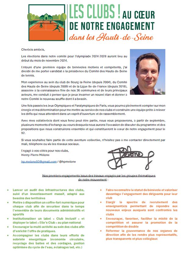 J’ai décidé ajd de me porter candidat à la présidence du Comité de #tennis des #HautsdeSeine
👨‍👩‍👧‍👦 Entouré d’une équipe de bénévoles motivés & compétents
🎯 Afin de lui donner un nouvel élan
🤝 Dans un esprit d’ouverture et de rassemblement
📧 N’hésitez pas à me contacter
🎾👇