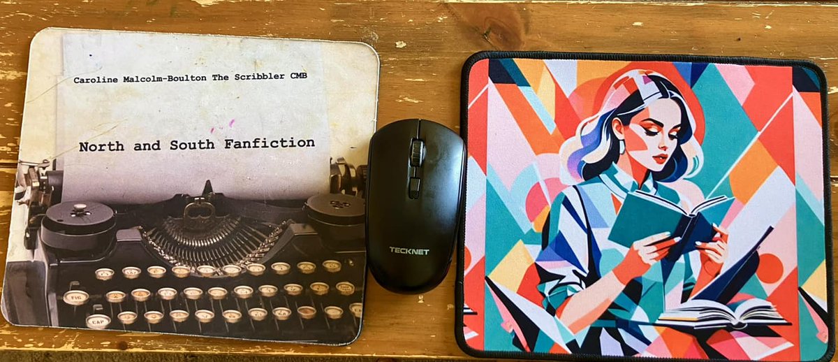 When I started writing North and South fan-fiction four years ago, I got myself this mouse mat on the left. That mat has helped me write countless stories and words. But now it’s had its day, so I made a new one.= of a bright reading woman to inspire me. Bye mat, you did good! 👋