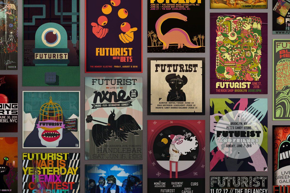 curtis_peel's tweet photo. Here's a collection of some of my favorite @futurist_music concert and promotional posters I've designed through the years. Seeing them all together like this now, I’m struck by how colorful and cohesive they are, reflecting the energy of these shows. https://t.co/hDURHEMrh3