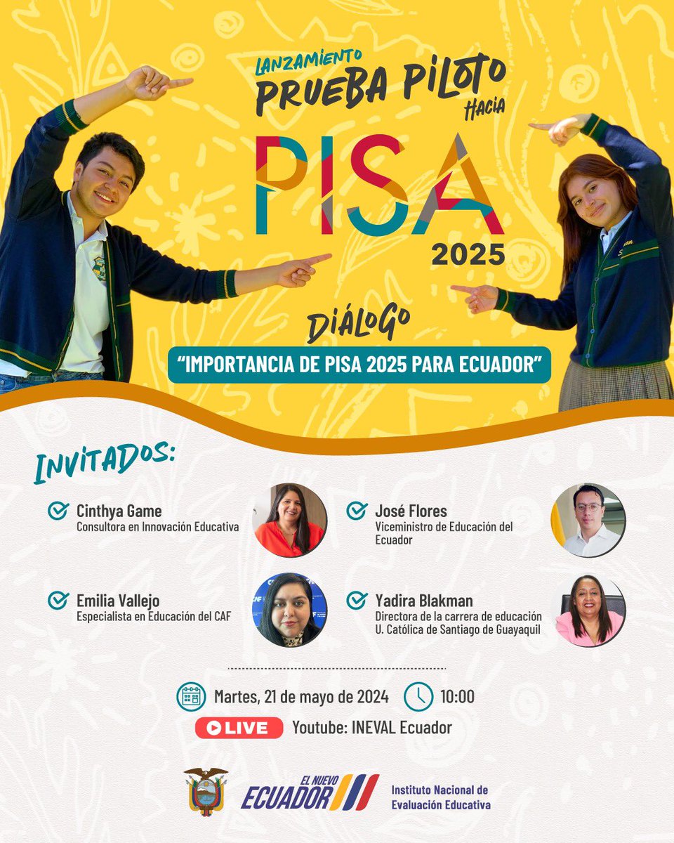🤩¡Se acerca la hora! 
📍Mañana es el 'Lanzamiento de la prueba piloto: hacia PISA 2025' 
Únete a la transmisión en vivo donde compartiremos un espacio de diálogo con representantes del sector académico y educativo.
🗓️21 de mayo 
🕙10:00
💻acortar.link/x7EPJh

#ElNuevoEcuador