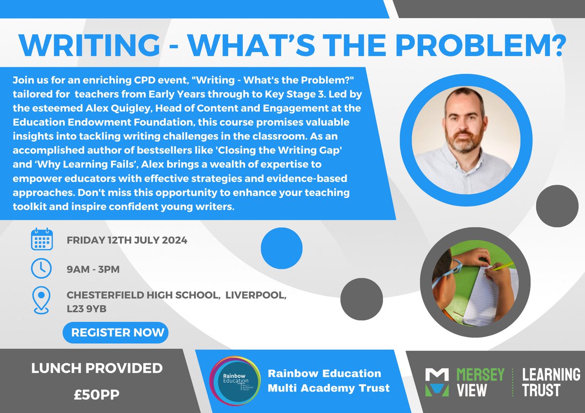 We are excited to announce an exciting CPD event led by the esteemed Alex Quigley: ‘Writing - What’s the problem?’ 

Book a place now using the following link to avoid disappointment. ticketsource.co.uk/rainbow-educat…