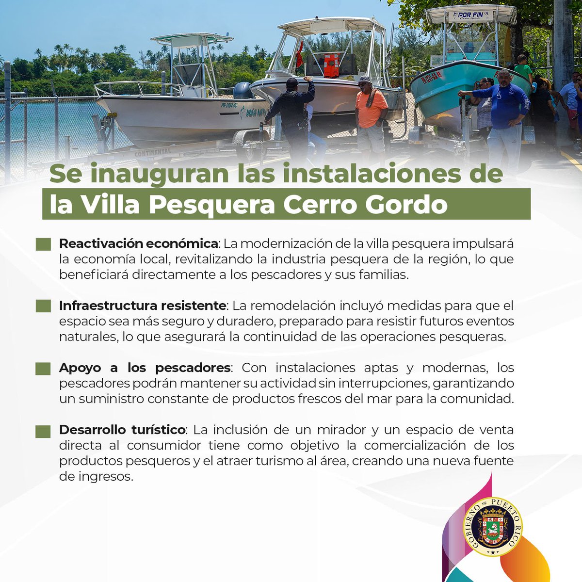 Recientemente se inauguró la renovada Villa Pesquera Cerro Gordo en Vega Alta. Esta instalación moderna revitalizará la economía local y la industria pesquera, mientras ofrece un espacio seguro y atractivo para el disfrute de pescadores y turistas.