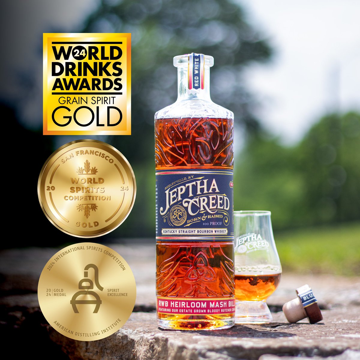 JepthaCreed's tweet photo. We are thrilled to announce that our Red, White &amp; Blue KY Straight Bourbon (Batch Two) brought home some excellent awards this year! We received gold medals from World Drinks Awards,  @SFWSpiritsComp and @Distilling for their 2024 competitions! #GroundtoGlass https://t.co/fRwnQk25X2