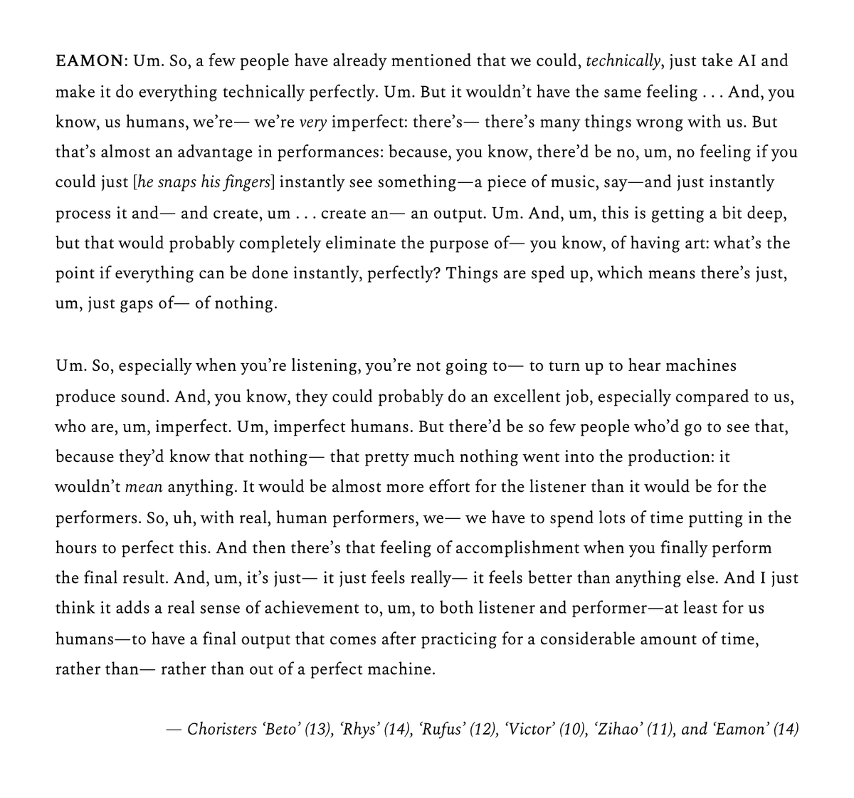 'Perfection' comes up routinely in interviews: sometimes, it's motivating, aspirational; often, it's closer to crippling.

Here, choristers discuss what to them is the moving imperfection of music made by humans, rather than just 'output' by 'perfect machines.' #ChoristerResearch