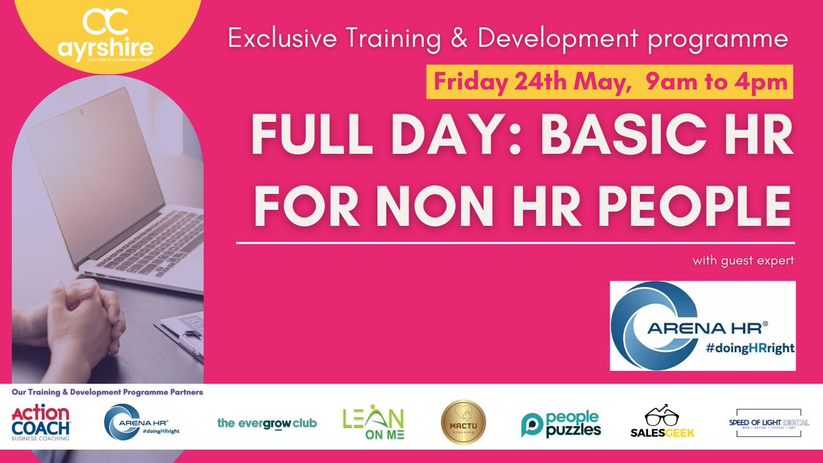 ⏰ 4 DAYS TO GO! ⏰ Full Day: Basic HR for Non HR People with @ArenaHR1 📆 Friday 24th May | 9am to 4pm This session will include basic employment law that all business owners/those responsible for HR should be aware of as standard practice. Book 🔗 ayrshire-chamber.org/event/1303/ful…