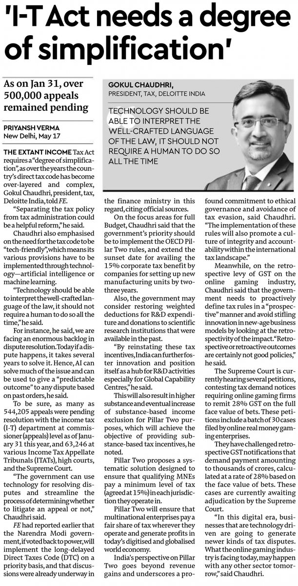 Gokul Chaudhri, President, Tax, Deloitte India, shared his thoughts in an exclusive interview with The Financial Express. Read this insightful article to explore how emerging tech, including AI and ML, could play (cont) deloi.tt/4dJuVuz