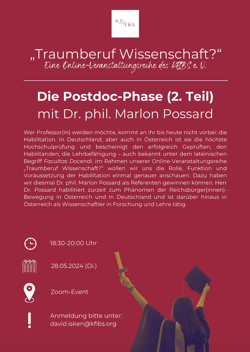 Unsere Informationsreihe "Traumberuf Wissenschaft" geht in die dritte Veranstaltung: Wir freuen uns dieses mal auf Dr. Marlon Possard, der zur Thematik "Postdoc-Phase" vortragen wird. 🙌

📆 28. Mai (Di.), 18:30 Uhr - 20 Uhr via #zoom 

📨 Anmeldung unter david.isken@kfibs.org