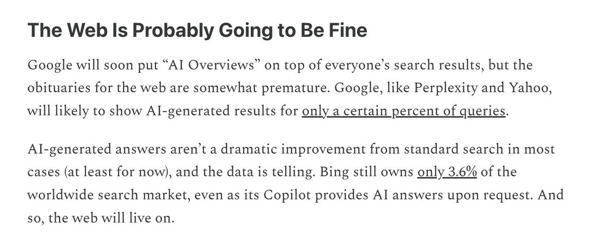 The web is only going to die if people let it. I just don't think Google AI Overviews are the dagger that so many believe they are. More here: bigtechnology.com/p/openai-wants…