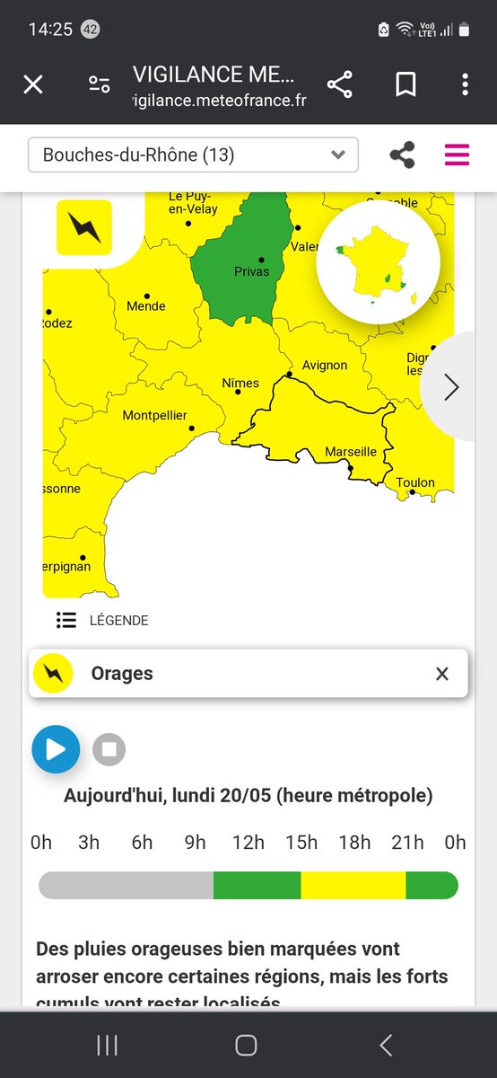 #METEO13 | 🟡 Lundi 20 mai 
@VigiMeteoFrance
 place les #BouchesDuRhone en vigilance jaune pour orages🌩️ 
➡️ À partir de 15h et jusqu’en soirée
⚠️ Prudence lors de vos déplacements.
Les prévisions 👉 vigilance.meteofrance.fr