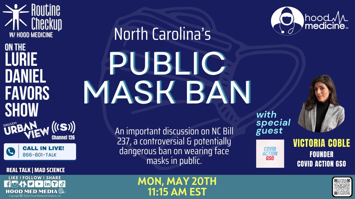 Hood Medicine Initiative 😷✊🏾 (@hood_medicine) on Twitter photo We're live now w/ today's #RoutineCheckup w/ @victoriacoble15 from <a href="/CovidActionGSO/">Covid Action GSO</a> to chat about North Carolina's public mask ban bill.
📆5.20 @ 11:15am EST
📡The <a href="/LurieFavors/">Lurie Daniel Favors Esq.</a> Show, <a href="/SiriusXM/">SiriusXM</a> <a href="/UrbanViewRadio/">SiriusXM Urban View</a> Ch 126
#LDFShow
#RealTalkMadScience
#PublicHealthGuerrillas🦍 We're live now w/ today's #RoutineCheckup w/ @victoriacoble15 from <a href="/CovidActionGSO/">Covid Action GSO</a> to chat about North Carolina's public mask ban bill.
📆5.20 @ 11:15am EST
📡The <a href="/LurieFavors/">Lurie Daniel Favors Esq.</a> Show, <a href="/SiriusXM/">SiriusXM</a> <a href="/UrbanViewRadio/">SiriusXM Urban View</a> Ch 126
#LDFShow
#RealTalkMadScience
#PublicHealthGuerrillas🦍