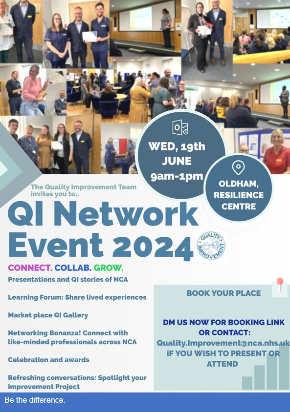 Quality Improvement - Northern Care Alliance (@qualitynca) on Twitter photo Just less than 1 month away till our QI Network Event on the 19th June 2024 in Oldham!
Tickets are selling out quickly so if you are still interested in attending, DM us or email at Quality.improvement@nca.nhs.uk Just less than 1 month away till our QI Network Event on the 19th June 2024 in Oldham!
Tickets are selling out quickly so if you are still interested in attending, DM us or email at Quality.improvement@nca.nhs.uk