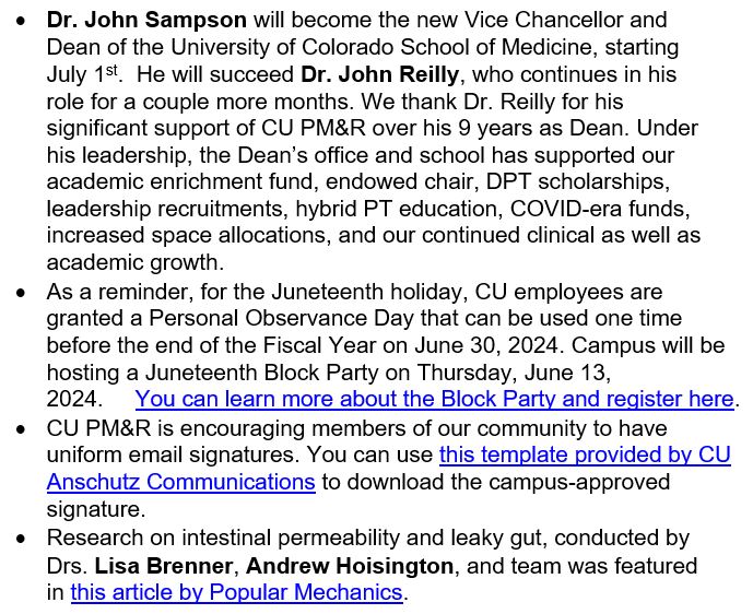 #4FromRChair @VenuAkuthotaMD a warm welcome to Dr. John Sampson and thank you to Dr. John Reilly! Shout outs this week to @LisaABrenner and @andyhois! You can learn more about the Juneteenth Block party here: cuanschutz.edu/offices/divers…