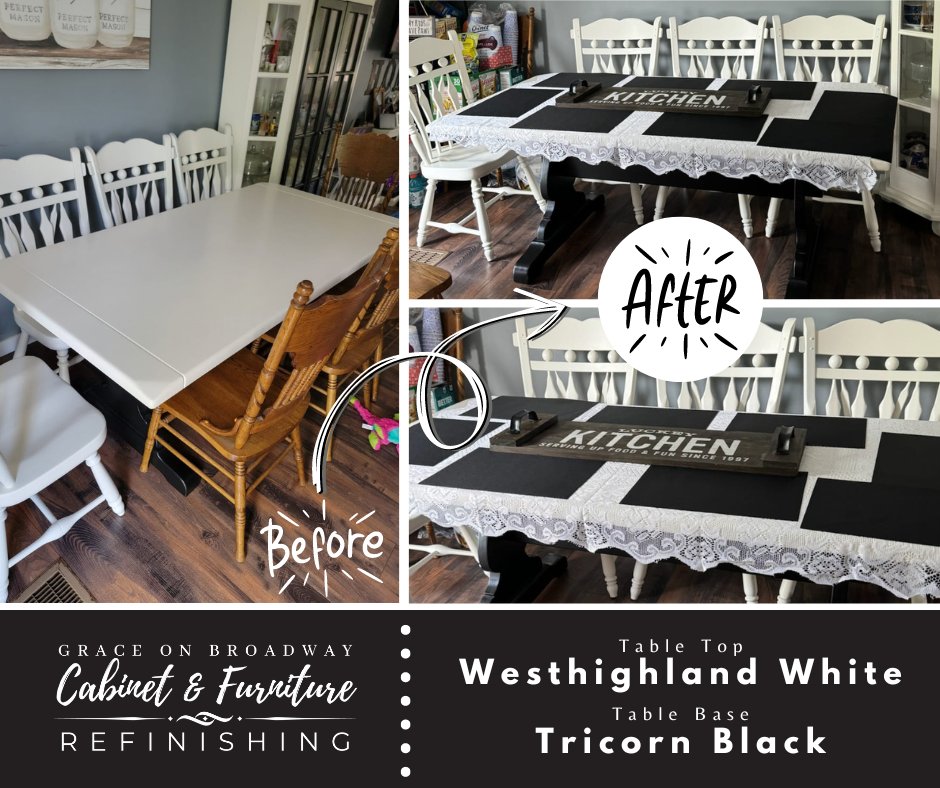 Our final project in our workshop is complete and at our customer's home.  In the first photo you can see the original chairs across from the refinished ones. 

Chairs and Top of table are Westhighland White and the base of table are Tricorn Black.
