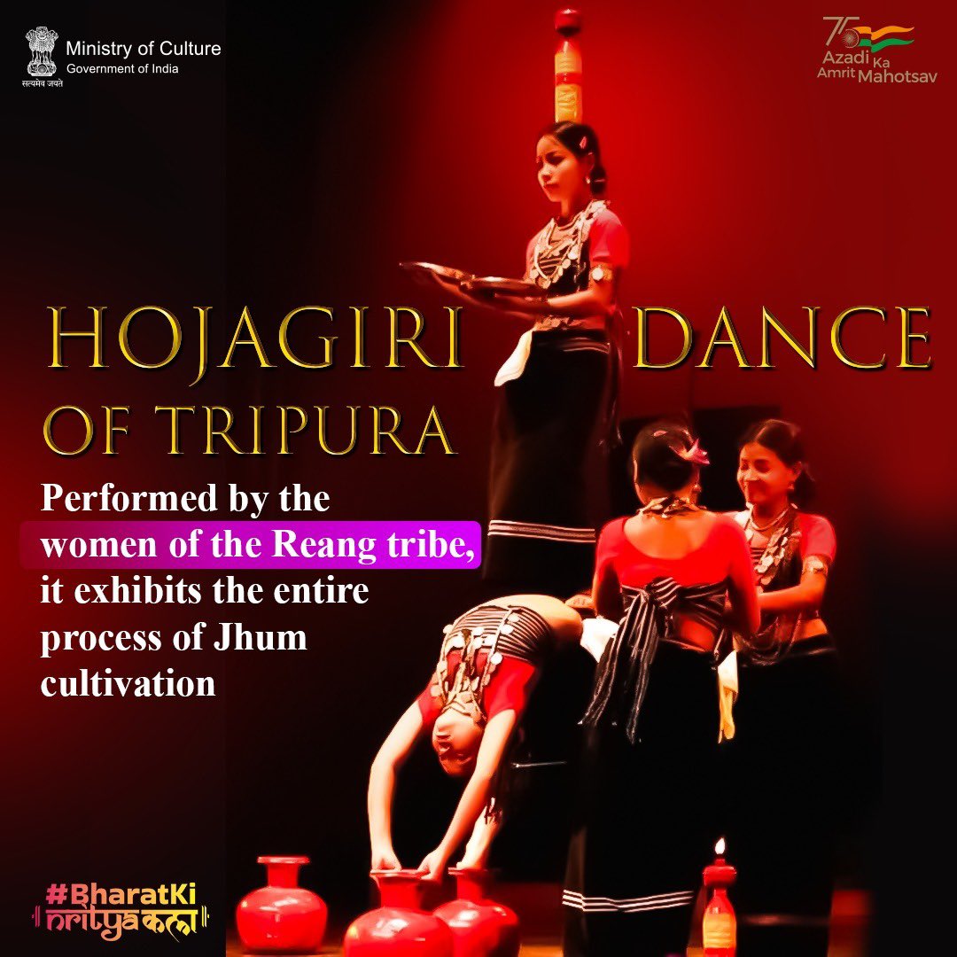 The #Hojagiri dance is a tribal folk dance of Tripura and is widely performed during festivals and Lakshmi Puja by the womenfolk. #DoYouKnow? It takes about 30 minutes to complete the sequence of this dance. #BharatKiNrityaKala