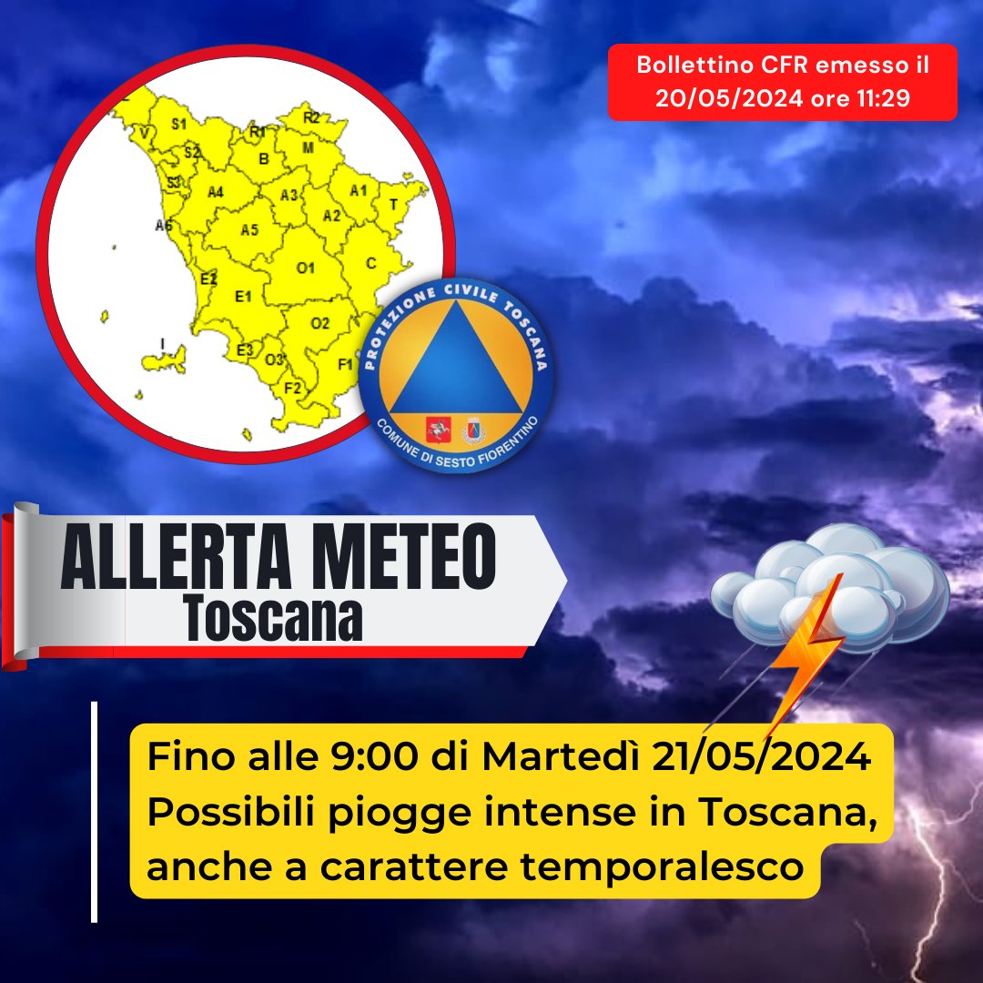 🟡 #AllertaMeteoTOS 

📅#20maggio
📍tutta la #Toscana
⛈️rischio #temporale allagamenti e frane

#PCSesto #ProtezioneCivile #SestoFiorentino #Arezzo #Firenze #Grosseto #Livorno #Lucca #MassaCarrara #Pisa #Pistoia #Prato #Siena #21maggio