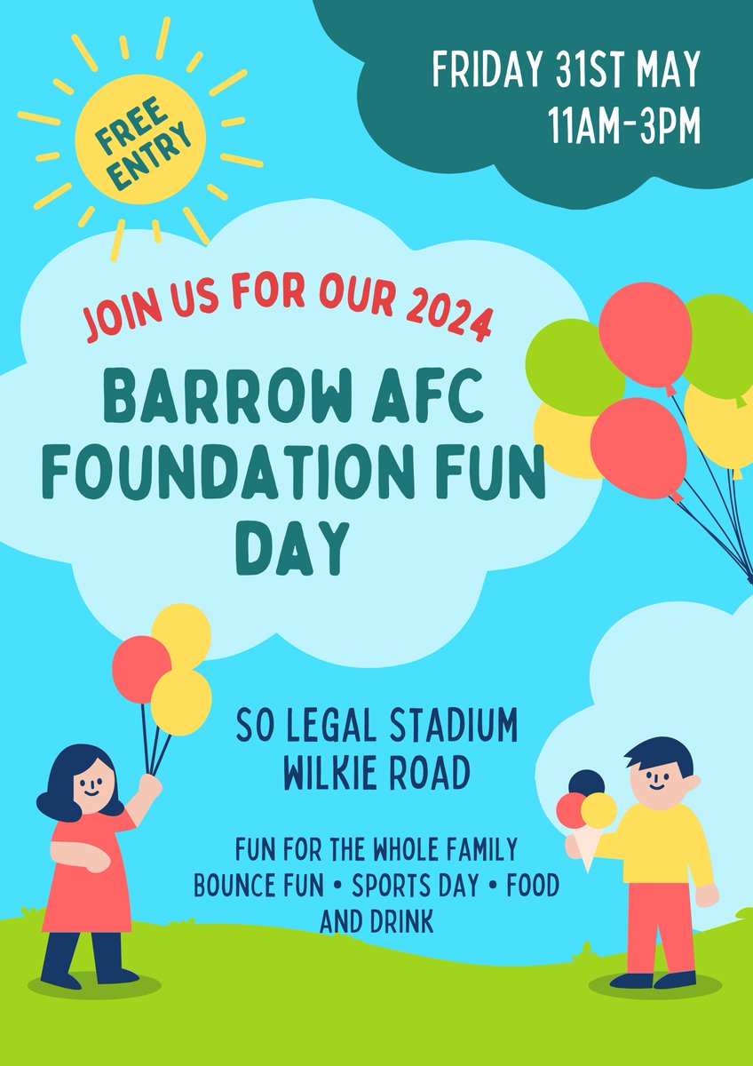 BarrowAFC's tweet photo. 🎠𝐁𝐚𝐫𝐫𝐨𝐰 𝐀𝐅𝐂 𝐅𝐨𝐮𝐧𝐝𝐚𝐭𝐢𝐨𝐧 𝐅𝐮𝐧 𝐃𝐚𝐲

To celebrate our Barrow AFC Foundation, we are delighted to announce a free fun day at the SO Legal Stadium on May 31st.  

Everyone is welcome to join in and try to beat Bluey in the penalty spot challenge. We'll also have free bouncy castles and inflatables for you to enjoy! 

Food and drink will be available throughout the day.