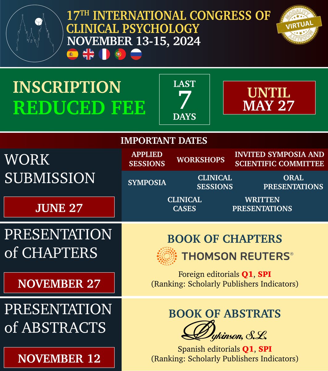 AEPCPsychology's tweet photo. LAST 7 DAYS. REDUCED INSCRIPTION FEE.
https://t.co/9hGpxABSQ5

PRESENTATION of WORK until JUNE 27 https://t.co/Vc7tYmQ0kr   

PUBLICATION of WORK  
Book of Abstracts: https://t.co/mqQdbKqs1l
Book of Chapters: https://t.co/KtKI95OsYz https://t.co/lcWFs44CcJ