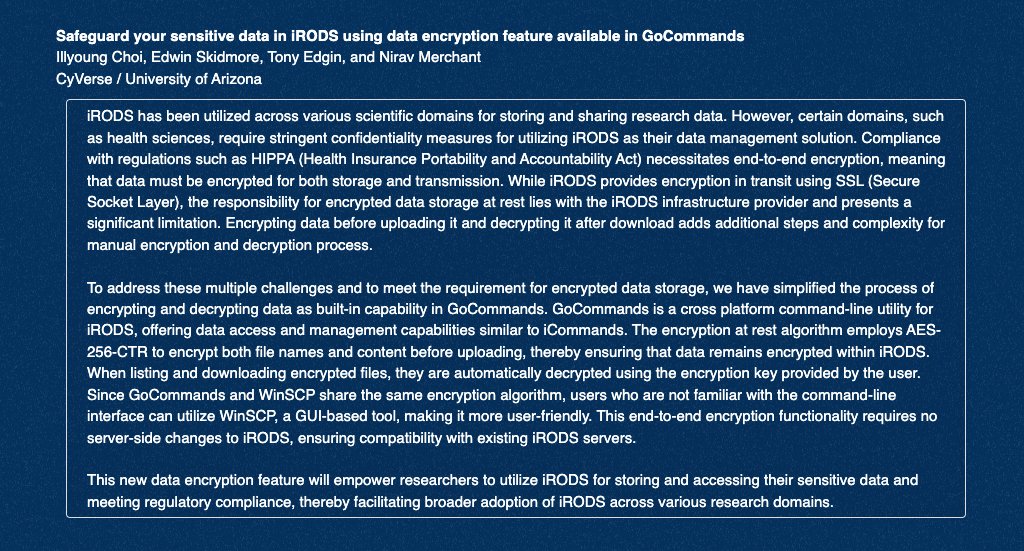 irods's tweet photo. On May 29 at 4:20 PM CET / 10:20 AM ET, @CyVerseOrg / @UofArizona will introduce the encryption feature in #GoCommands, a cross platform command-line utility for #iRODS that offers #dataaccess + management capabilities similar to #iCommands. #iRODSUGM

https://t.co/ZvuiYFTGt2 https://t.co/87BqYYO1bR