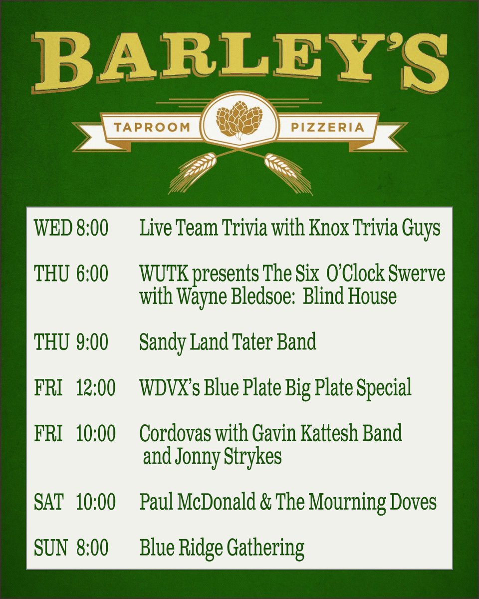 Happy Monday morning, #Knoxville!! 
We had a wild, wonderful weekend with you! Check out this awesome live music we've got set for our stage this week! See you soon! 

#BarleysKnoxville #KnoxvilleMusic #KnoxRocks