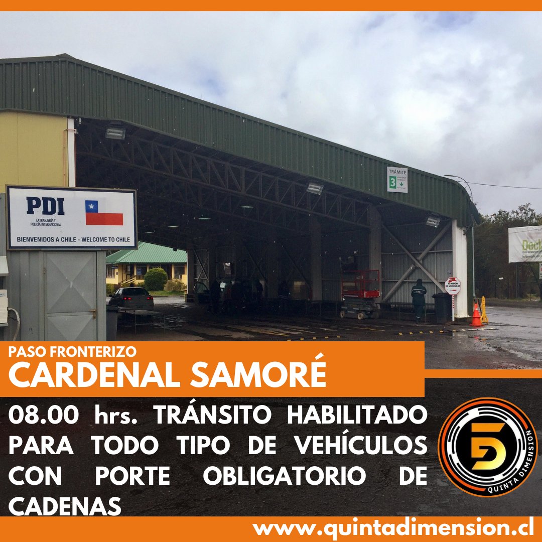 🔘 #PasoCardenalSamore: Lunes 20 de mayo.
HABILITADO para todo tipo de vehículos hasta las 1⃣8️⃣ hr 🇨🇱🇦🇷

📍Porte obligatorio de cadenas

📍Vialidad 🇦🇷🇨🇱 trabajando en la ruta. 

⚠️Conduzca con precaución⚠️ 

#CardenalSamore #Puyehue #Osorno #Bariloche #Chile #Argentina
