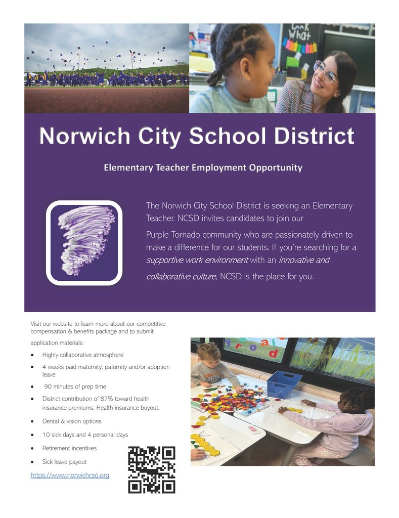 NCSD has an employment opportunity as an Elementary Teacher. Interested in learning more about choosing Norwich: youtube.com/watch?v=O40HIL… Join us to connect, inspire and empower!