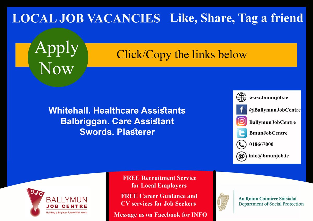 👉 Visit us at: Bmunjob.ie

Vacancies #bmunjob #jobfairy #dublinjobS
Whitehall. Healthcare Assistants
jobsireland.ie/en-US/job-Deta…
Balbriggan. Care Assistant
jobsireland.ie/en-US/job-Deta…
Swords. Plasterer
jobsireland.ie/en-US/job-Deta…