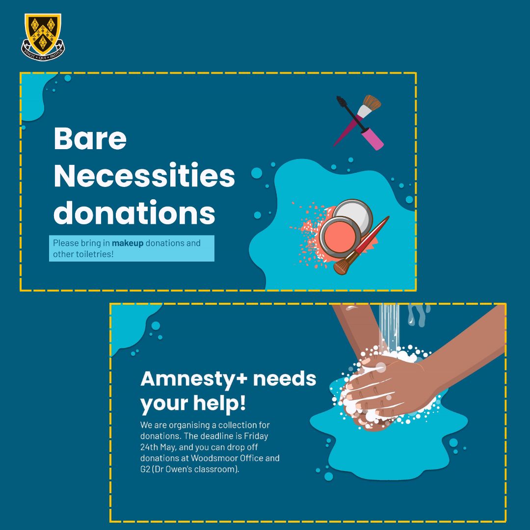 Amnesty+ are collecting #toiletries for local #charity @BNToiletryBank and, this time, they are also asking people to donate make-up products as the prom season kicks off. The deadline for donations is this Friday (24th May). Find out more at stockportgrammar.co.uk/wp-content/upl….