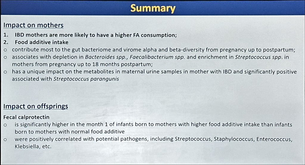 Fantastic study full of information regarding the impact of maternal food additive consumption on gut microbiome and vertical bacteria sharing between #IBD mothers and their infants Presented by Lin Zhang at @DDWMeeting #DDW2024