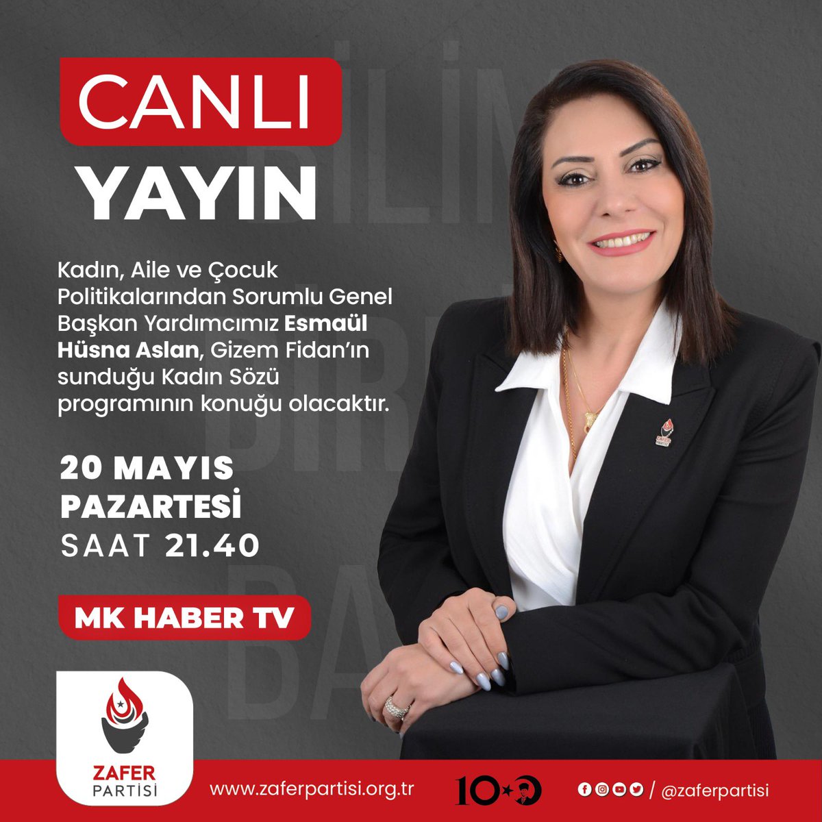 Genel Başkan Yardımcımız Sayın Esmaül Hüsna Aslan, bugün (20 Mayıs Pazartesi) saat 21.40’da MK Haber TV’de Gizem Fidan’ın sunduğu Kadın Sözü programının konuğu olacaktır. 🗓 20 Mayıs Pazartesi ⏰ 21.40 📺 MK Haber TV