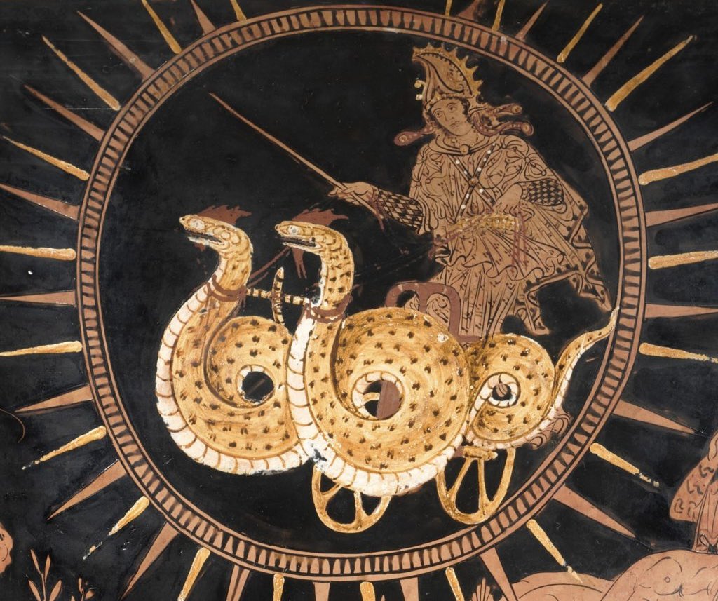 Medea flees Corinth in her dragon-drawn chariot, detail from a Lucanian red-figure calyx-krater (mixing vessel) attributed to the Policoro Painter, South Italy (Magna Graecia), c. 400 BCE