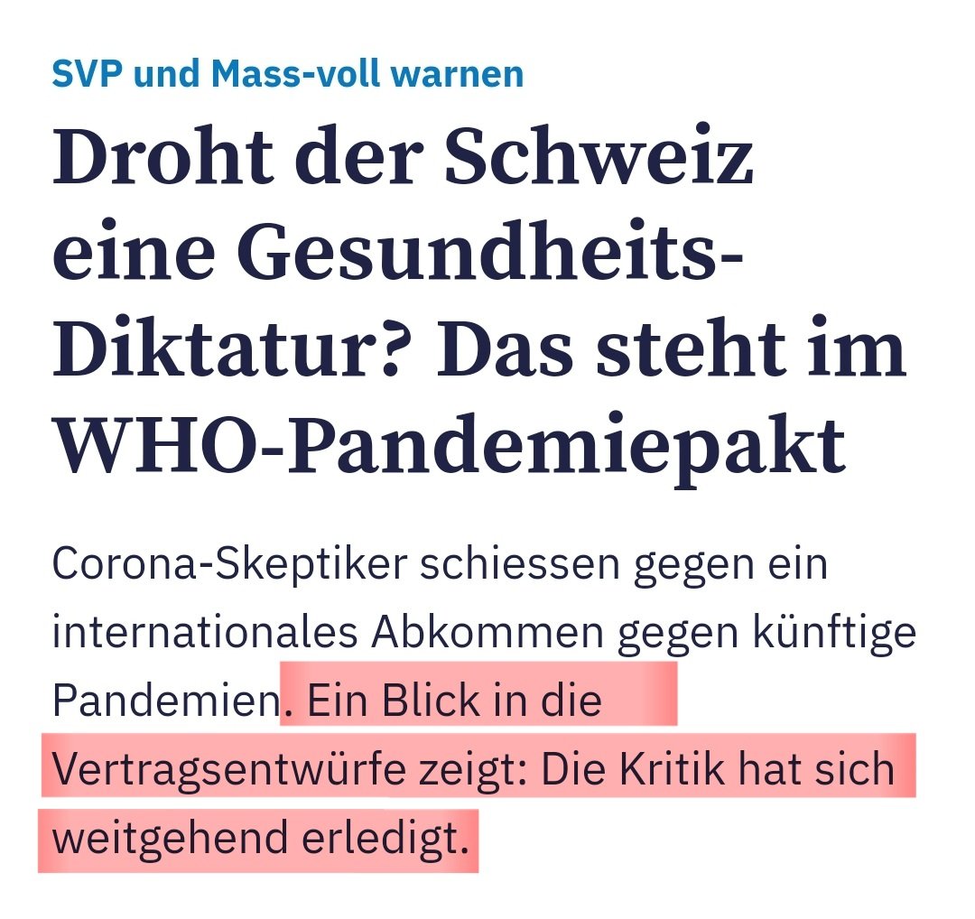 Logisch, dass #Medien, die einem starken Staat zudienen, keine diktatorischen Spuren im #Pandemievertrag erkennen. Der #Mainstream steht nicht mehr für Pluralismus und offene Debatten, sondern für kollektivistische wie sozialistische Modelle. #WHO tagesanzeiger.ch/who-pandemiepa…