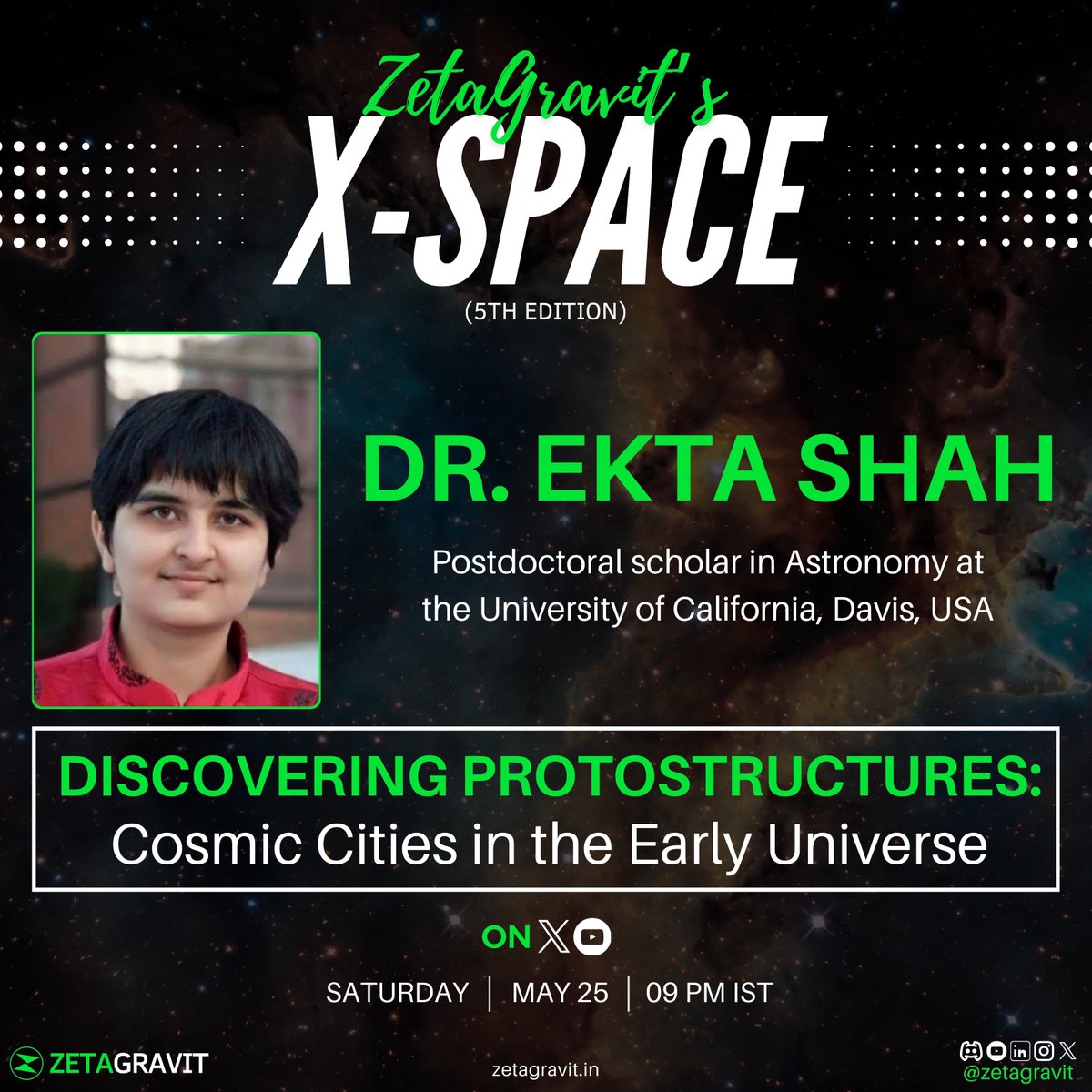 Join Dr. Ekta Shah at the 5th Edition of XSpace as she delves into the early universe's gigantic Proto-structures and cosmic societies. 

Don't miss out—tune in! 

#CosmicExploration #ZetaGravit