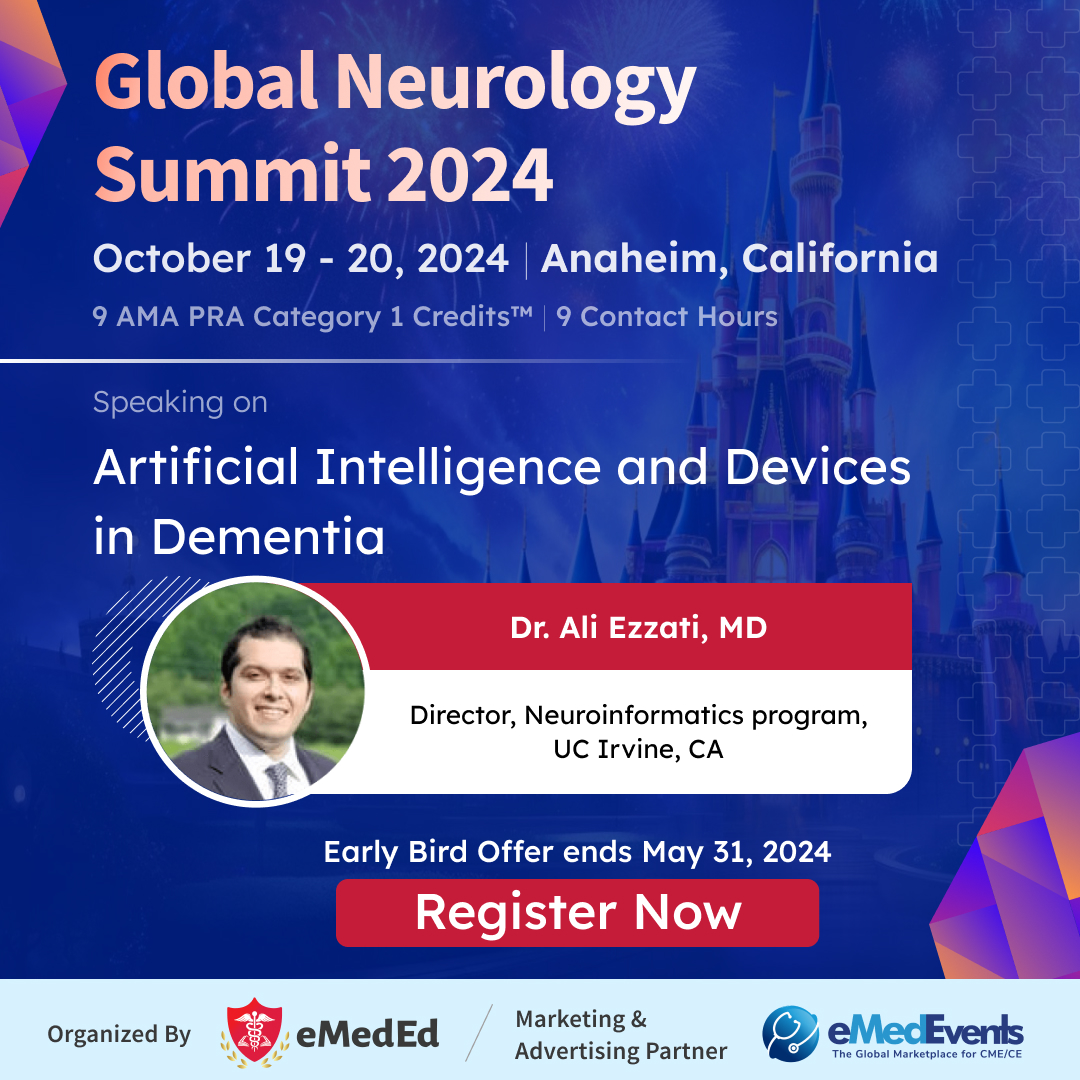 🧠Join the insightful discussion on 'Artificial Intelligence and Devices in Dementia' led by Dr. Ali Ezzati, MD, at the Global Neurology Summit 2024! ➡️Enroll now - bit.ly/3IIsZnW #Neurology #stroke #conferences2024 #Dementia #CME #eMedEvents