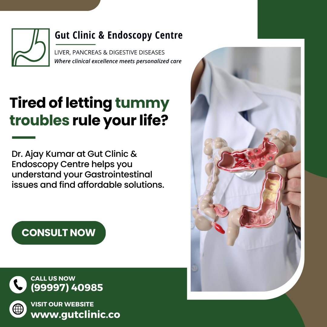 Stop letting tummy troubles control your life! 😫 Dr. Ajay Kumar at Gut Clinic & Endoscopy Centre offers affordable solutions to understand and tackle your GI issues. Consult now! Call (99997) 40985 or visit gutclinic.co . . #GutHealth #DigestiveHealth #TummyTroubles