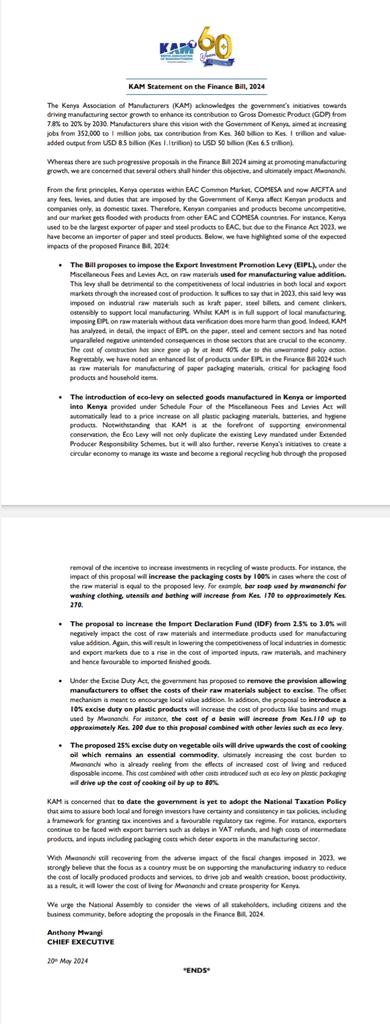 Kenya Association of Manufacturers issues its statement regarding Finance Bill 2024. Among the issues the association raises is the repeal of Sec14 of the Excise Duty Act as well as the imposition of the proposed Eco Levy on a number of products. So far, we have statements