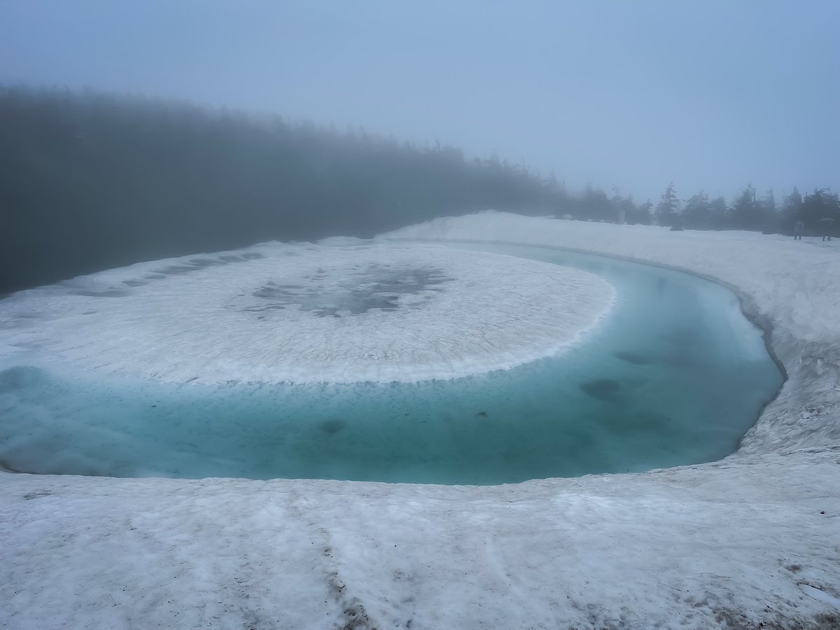 Matsumaz's tweet image. 結構な雨降ってましたが、この日しか来れないので八幡平のドラゴンアイ観てきました。
悪天候でも観光客が多かったです。3年前と比べると溶け方が均一で美しかったです。
晴れたら八幡平山頂まで行こうかと思いましたが今回も登頂叶わず。
#ドラゴンアイ #岩手県 #秋田県 #八幡平