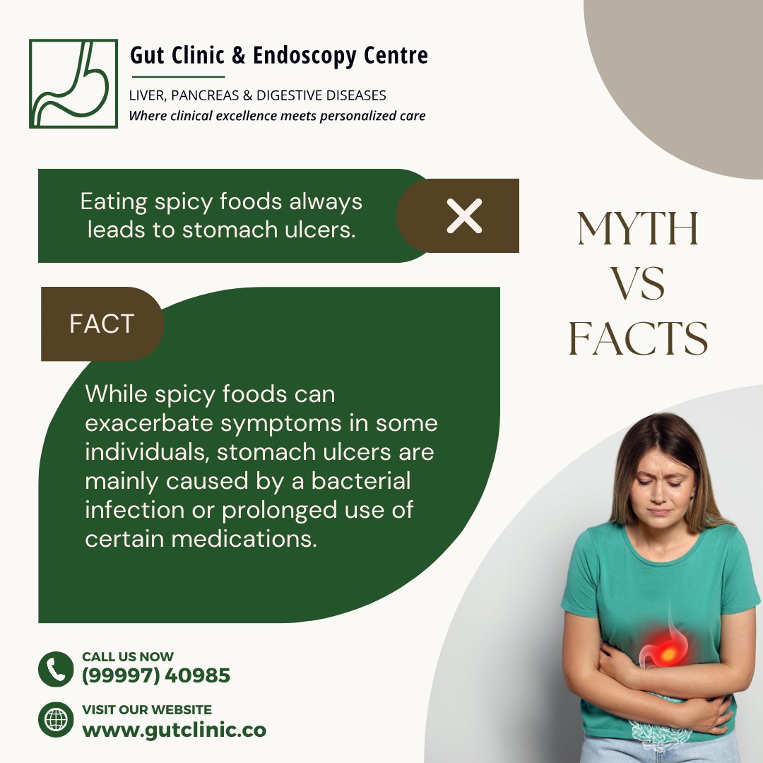 Love spicy foods but worried about ulcers? 🌶️ Don't be! Spicy foods don't cause ulcers. Visit gutclinic.co for expert advice. . . #SpicyFacts #GutHealth #NoUlcers #HealthyEating #DigestiveWellness #ExpertCare