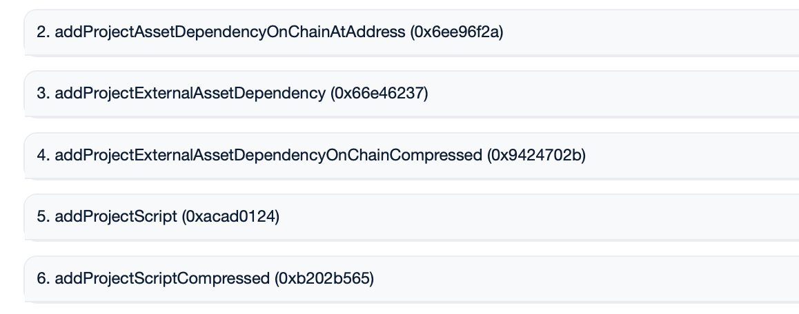 Looks like there will be quite a few new features in the @artblocks_io studio contracts - re-usable on-chain assets (think libraries), code compression & deflation, and additional on and off-chain external dependancies.

etherscan.io/address/0x0000…