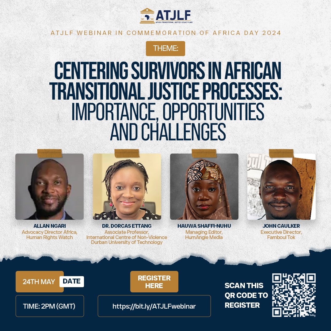 ATJLF_'s tweet photo. How are you celebrating Africa Day this week? We have something planned. Join us this Friday as we discuss the importance of putting survivors at the center of transitional justice processes.

Register here: https://t.co/vFSeMEq5vO
#TJinAfrica #AfricaDay2024 https://t.co/TZmTTYuVBO