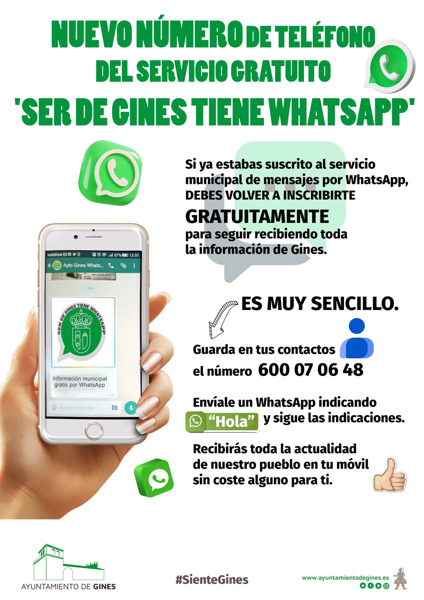 ¿ESTÁS SUSCRITO/A A 'SER DE GINES TIENE WHATSAPP'? 🤔 📢 ES GRATIS Y MUY SENCILLO. ➡ Guarda en tus contactos el número 600.07.06.48 ➡ Envía un mensaje de WhatsApp que ponga 'Hola' y sigue las indicaciones. ➡ Toda la actualidad de nuestro pueblo en tu móvil. #SienteGines