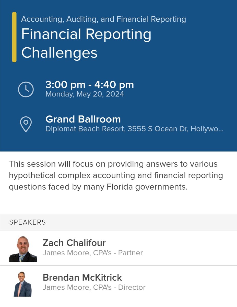 JamesMooreandCo's tweet photo. Our #Government Services Team is at the #FGFOA conference in Hollywood! If you’re here, find us at Booth 608—and watch partner Zach Chalifour (@zchalifour) and director Brendan McKitrick (@McKitrickCPA) present “Financial Reporting Challenges” at 3pm today. #accounting #FGFOA2024 https://t.co/Fvdpegmmbt