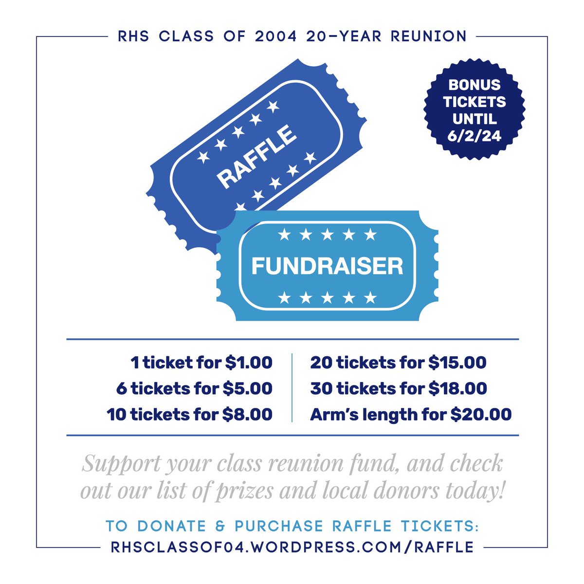 rhsclassof04's tweet photo. Raffle tickets (with bonus) are on sale now starting as low as only $1! We have incredible prizes from local businesses waiting for you. #20yearreunion #reunionfundraiser #reunionraffle #raffle #rhs2004 #04reunion #20yearsrhs #highschoolreunion

Promo Design by @pinkYV7, Class VP https://t.co/McLwE1iaoL