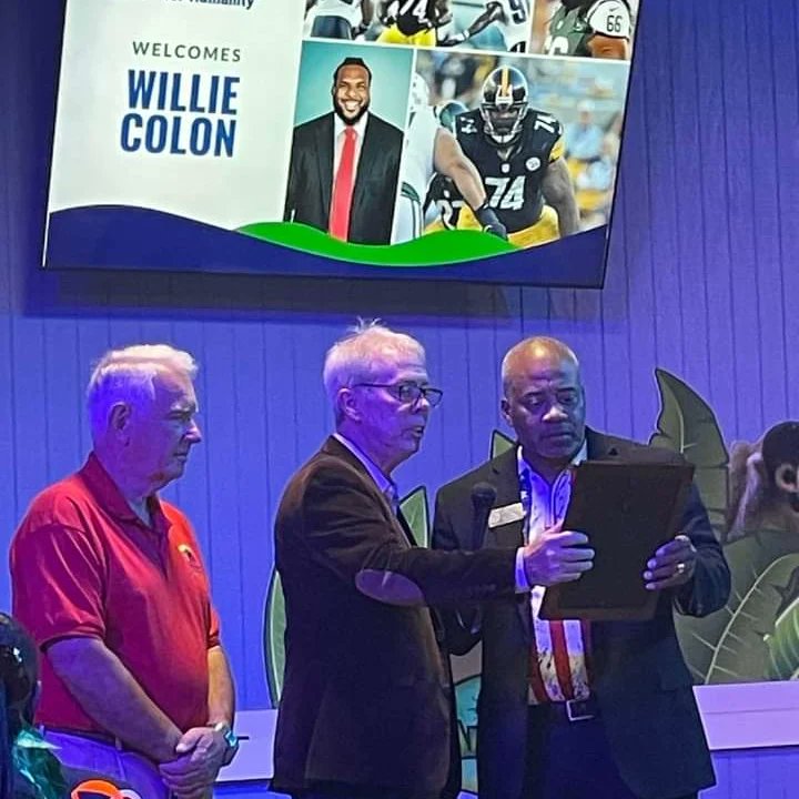 Dr_DMarshall's tweet photo. I want to thank Willie Colon, former NFL offensive lineman and 2008 Pittsburg Steeler Championship team, for taking a moment to speak to Habitat for Humanity in Lowndes County and inspiring my son! Drew is an offensive lineman at Lane College and Habitat for Humanity volunteer. https://t.co/Up6QTSwFkD