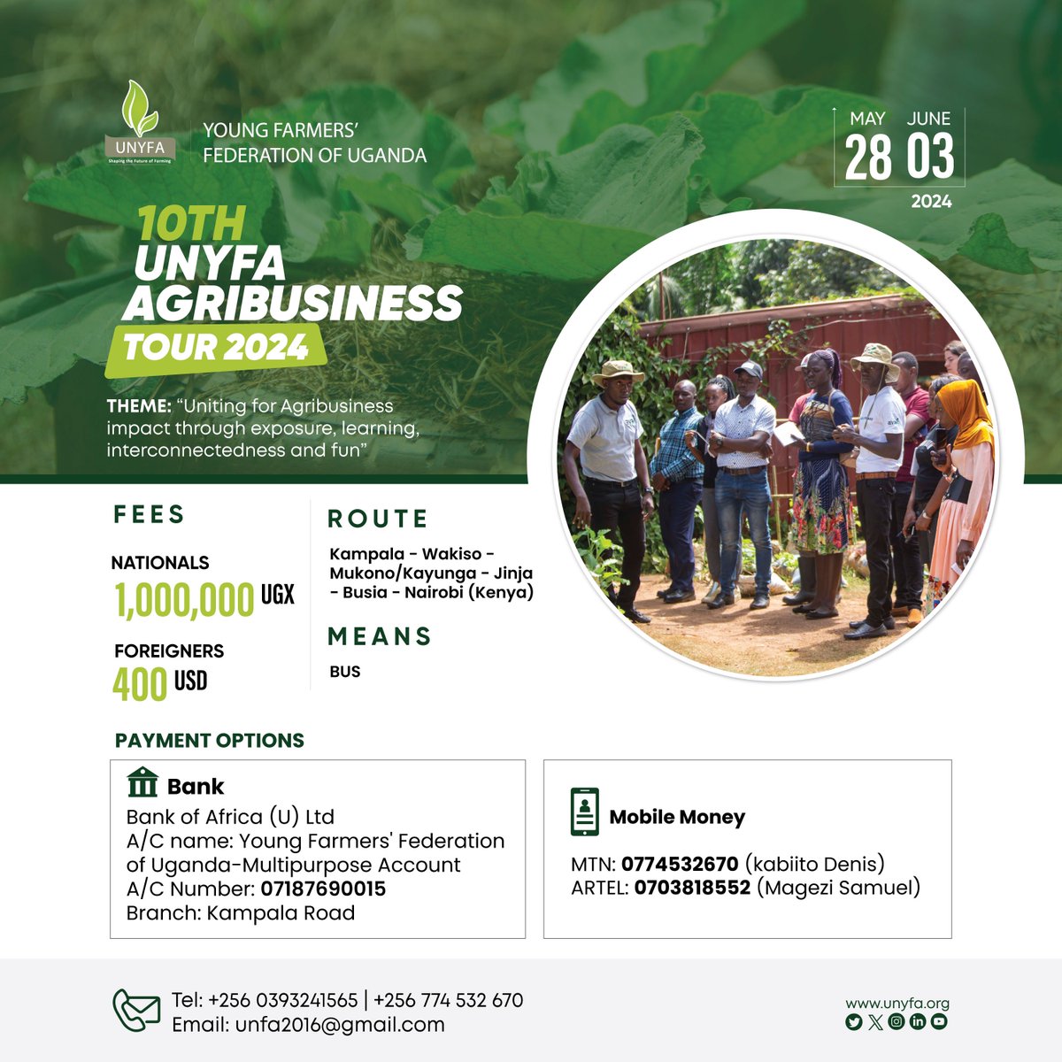 unyfa1's tweet photo. Only 9 days left to our exciting #10AgribusinessTour!
Join us to explore local farms and those in Kenya, immerse yourself in agricultural culture and traditions. Learn about sustainable practices, connect with local and international farmers to experience the beauty of the region's agricultural landscape.

Don't miss this unique opportunity to understand the significant impact of agriculture on Kenya's economy (25% of GDP).

@felixdoo