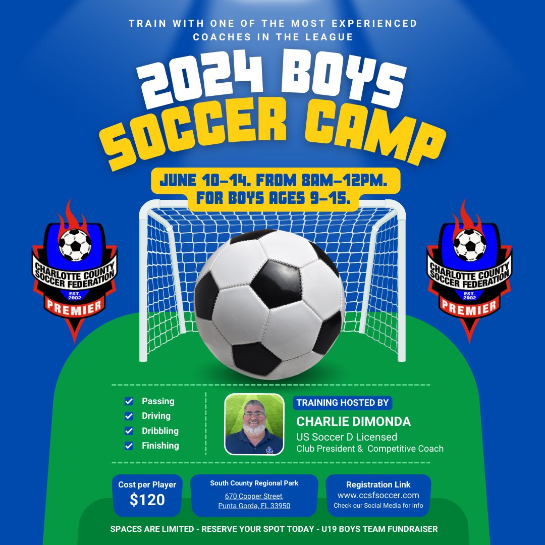 Once again and under the direction of D Licensed Coach, Charlie DiMonda, the CCSF announces their Boys Summer Camp, to be held from June 10-14, 8 am-12 pm for boys aged 9-15. ☀️⚽☀️⚽

Register today at GotSport ecs.page.link/BcZci 

#SummerSoccer #ccsf #boyssoccer