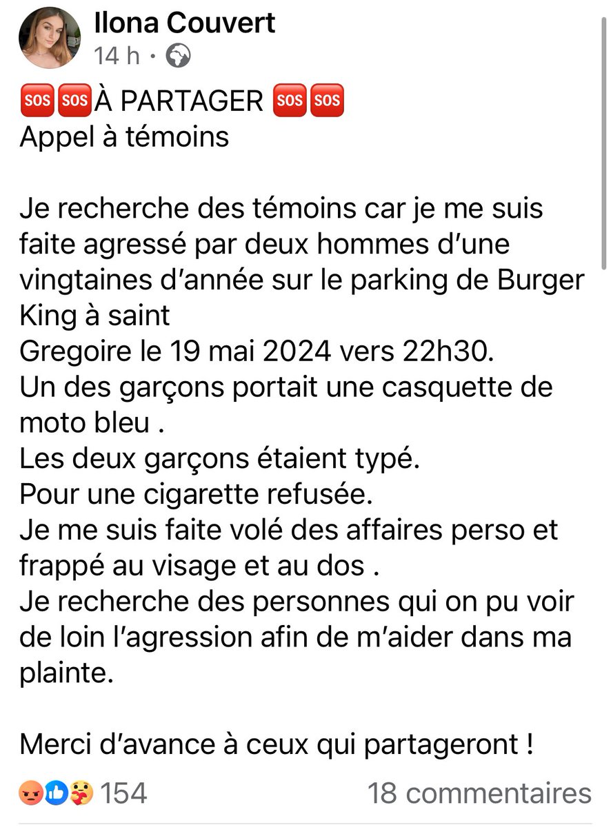 le_jarl's tweet photo. 🔴 La cigarette n’est qu’un prétexte ! Voler avec violence est la seule vraie motivation de ces agressions à répétitions qui pourrissent la vie des gens mais surtout de nos jeunes au quotidien. 
J’ai eu des clients samedi soir qui ont subit exactement le même sort. Pour une soi disant cigarette, l’un d’entre eux a finit à l’hôpital. Et tous ces faits sont souvent sans suites et ne rentrent dans aucune statistique du gouvernement car les gens ne veulent même plus porter plainte car ça n’aboutit à rien. 
Courage à cette demoiselle.